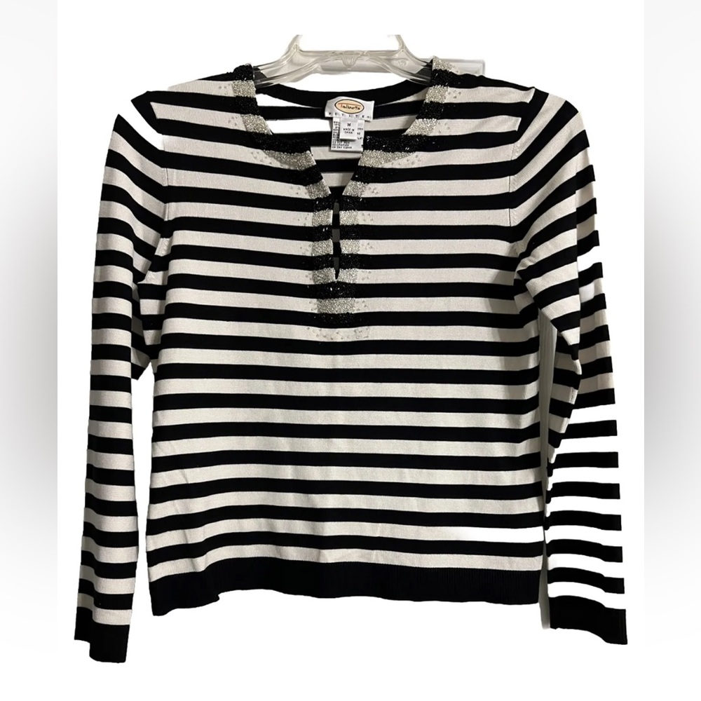 Talbots Size Medium Petite Sweater / Cardigan Silk Black / White Sequence trim